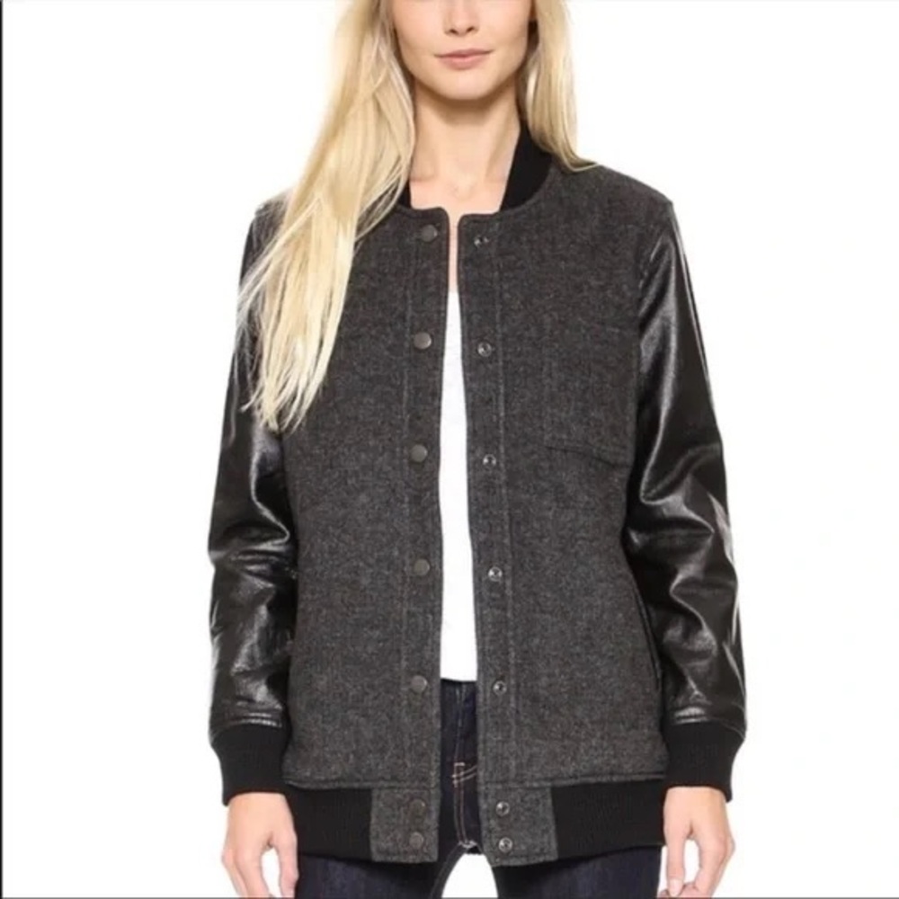 NWOT Current Elliot Tweed Wool Blend Leather Sleeves Stanwood Bomber Jacket 0